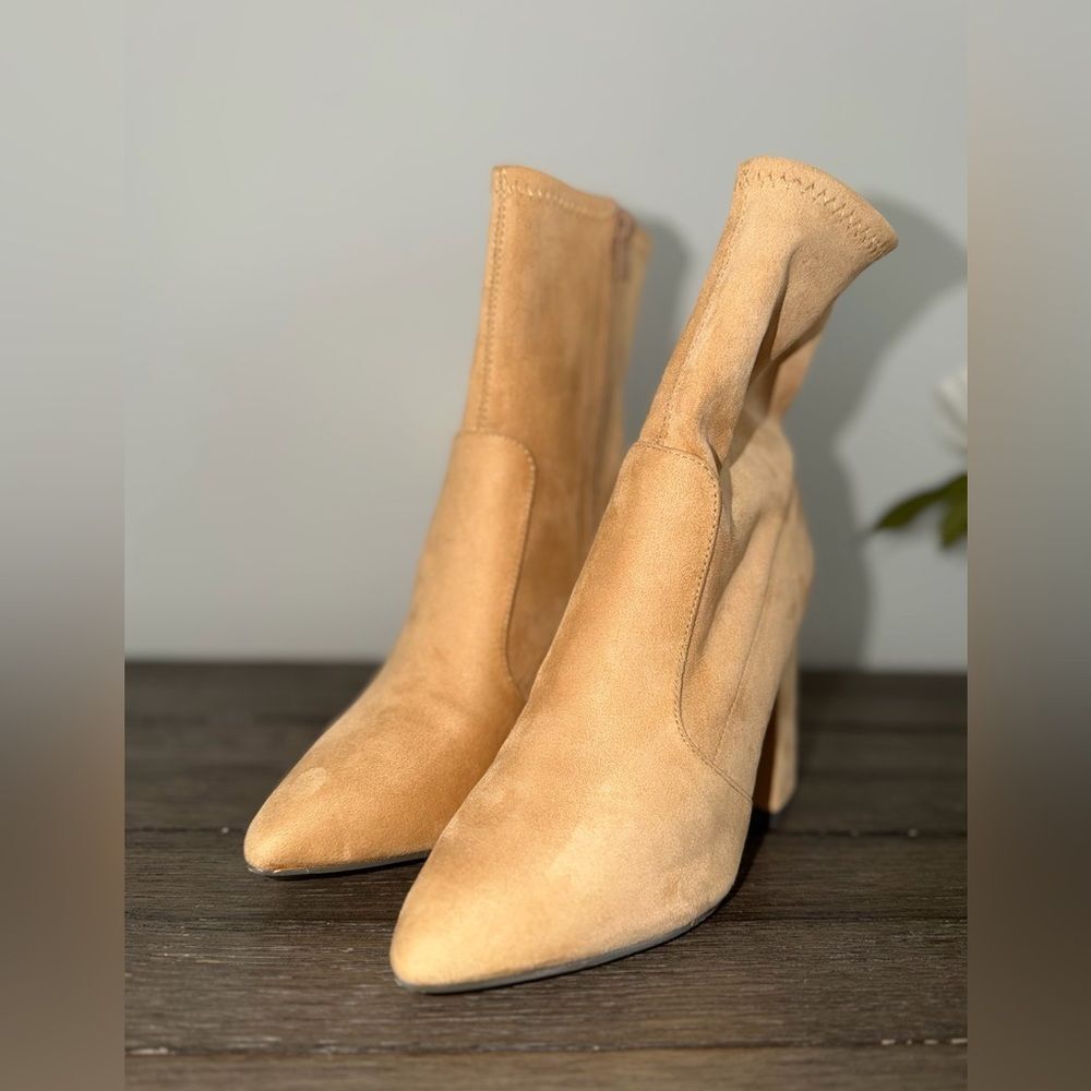 Camel Suede Pointed Toe Ankle Boots | Block Heel | Size 7